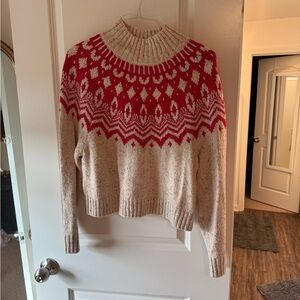 Cozy Red and Cream Women's Mockneck Sweater